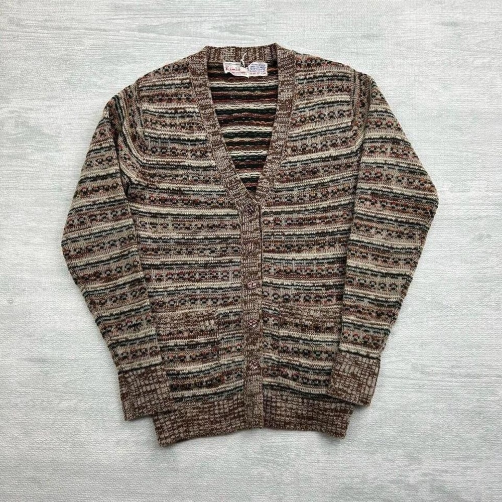 Vintage Kimlon Cardigan Sweater Womens Medium Beige 100% Virgin Acrylic V Neck